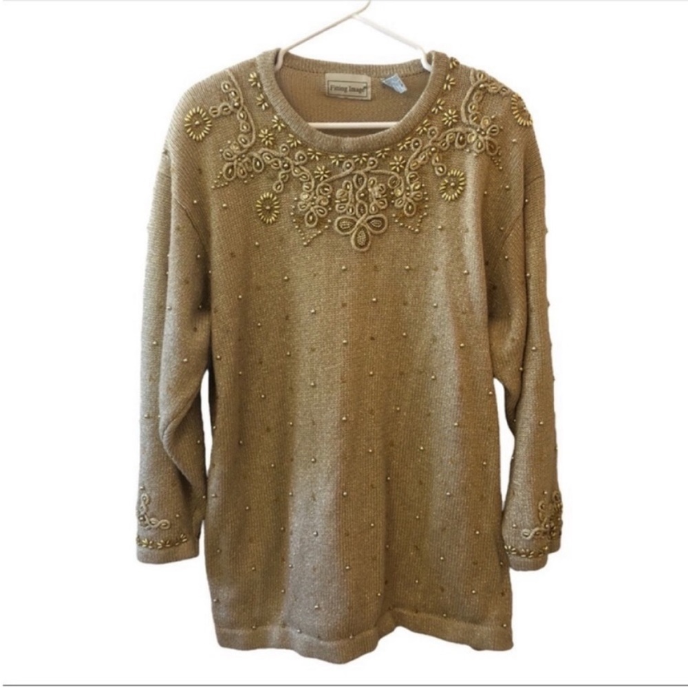 VTG 80s Fitting Image Gold Metallic Knit Beaded Sweater Glam Maximalist 22/24